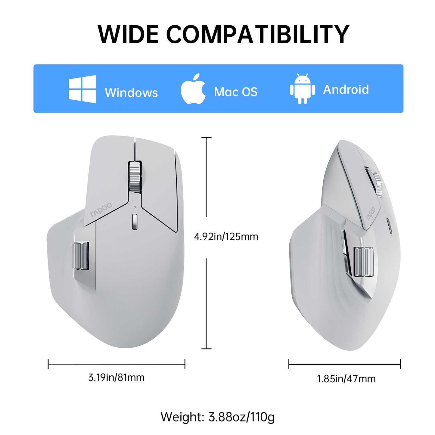 Rapoo MT760 Multi-Device Wireless Mouse, Bluetooth 5.0 and 2.4G Multi-Mode Connection, Up to 4 Devices, 11 Programmable Buttons, 4K DPI, 90 Days Battery Life, PC, Matte Black