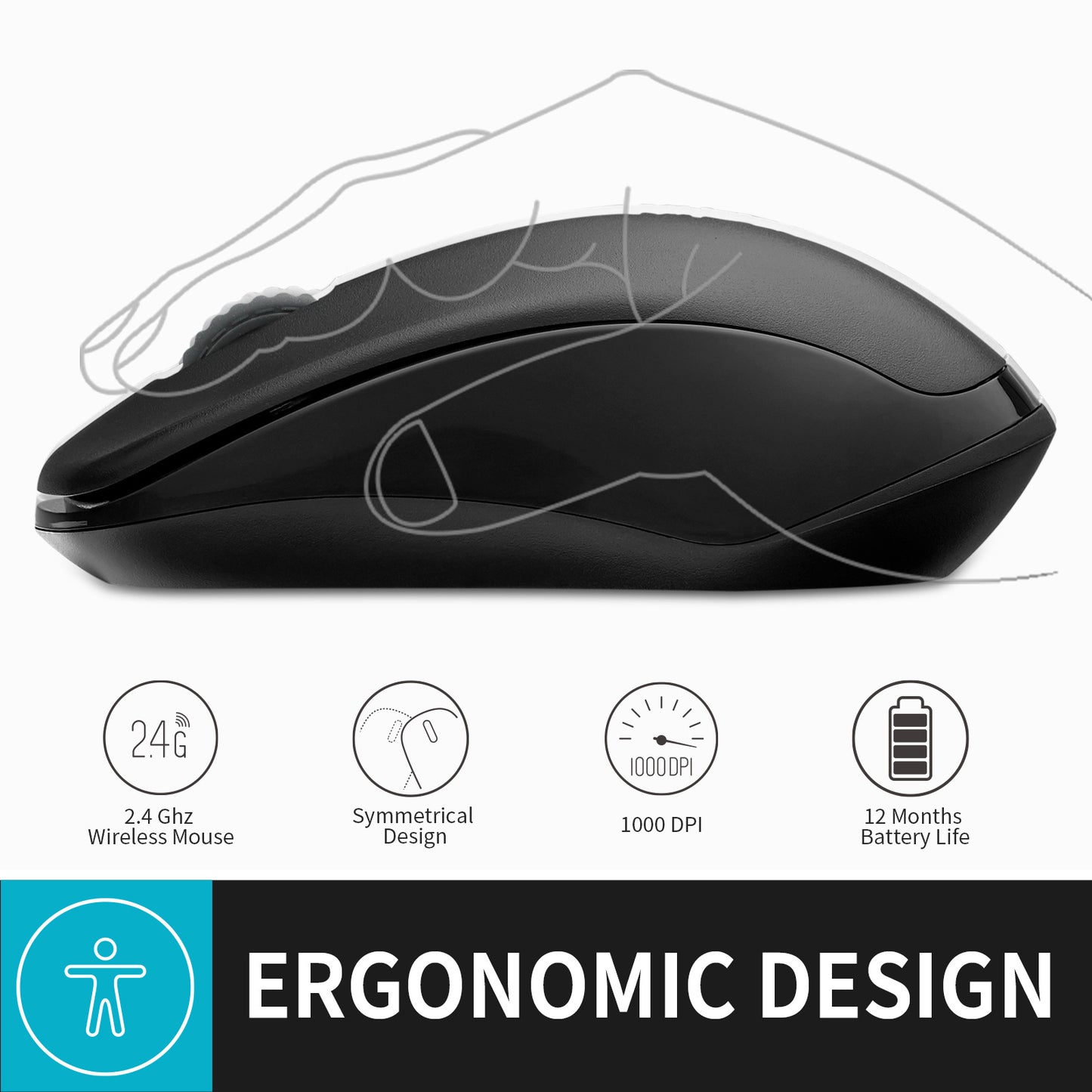 Rapoo 1680 Silent Wireless Mouse, 2.4GHz Cordless Mouse with USB Receiver, 1K DPI, 3 Buttons Computer Mouse with 12M Battery Life, Ambidextrous Computer Mice for PC/Laptop