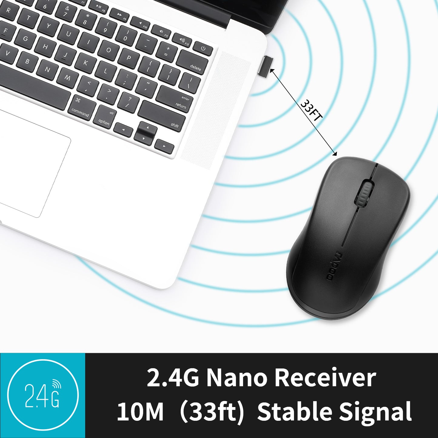 Rapoo 1680 Silent Wireless Mouse, 2.4GHz Cordless Mouse with USB Receiver, 1K DPI, 3 Buttons Computer Mouse with 12M Battery Life, Ambidextrous Computer Mice for PC/Laptop