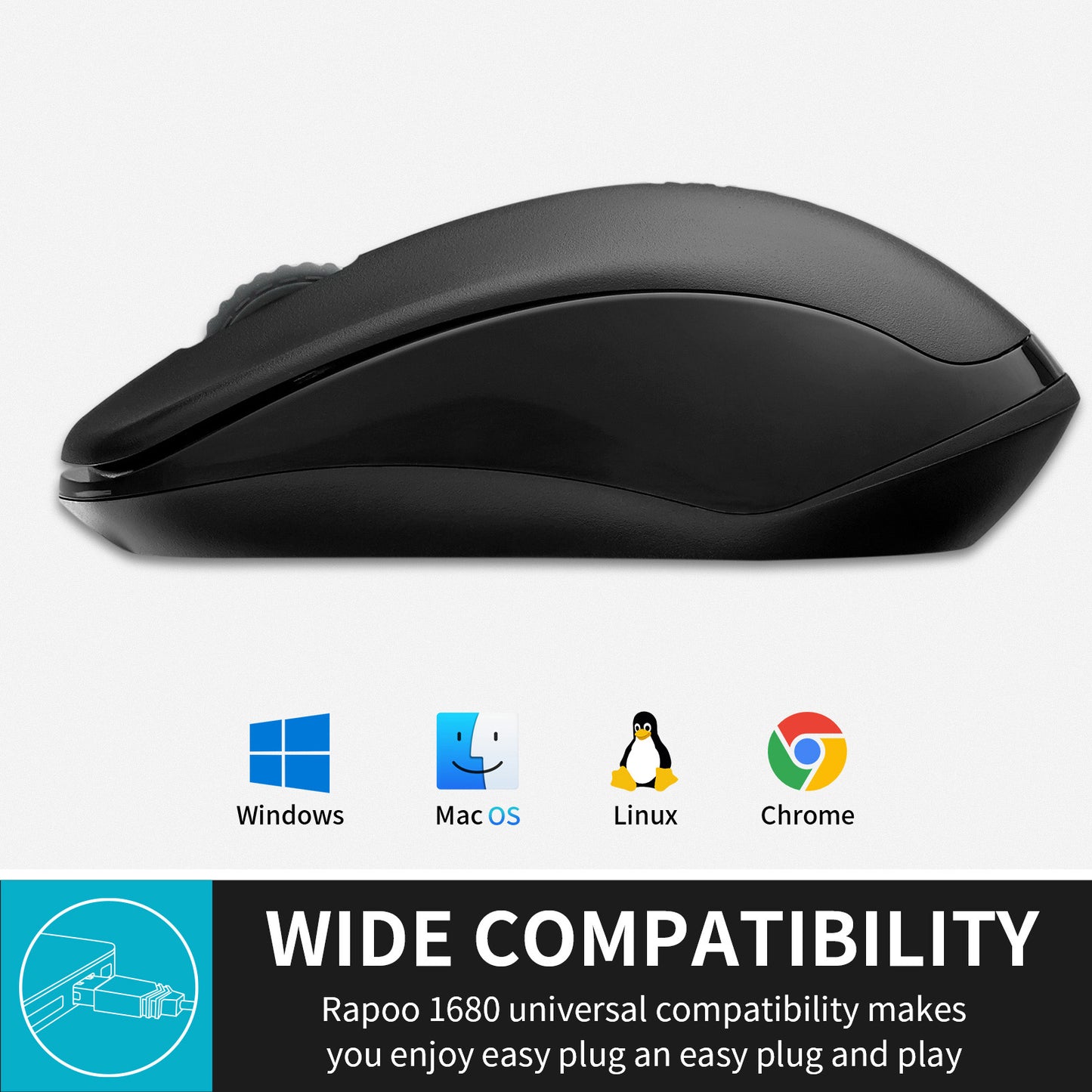 Rapoo 1680 Silent Wireless Mouse, 2.4GHz Cordless Mouse with USB Receiver, 1K DPI, 3 Buttons Computer Mouse with 12M Battery Life, Ambidextrous Computer Mice for PC/Laptop