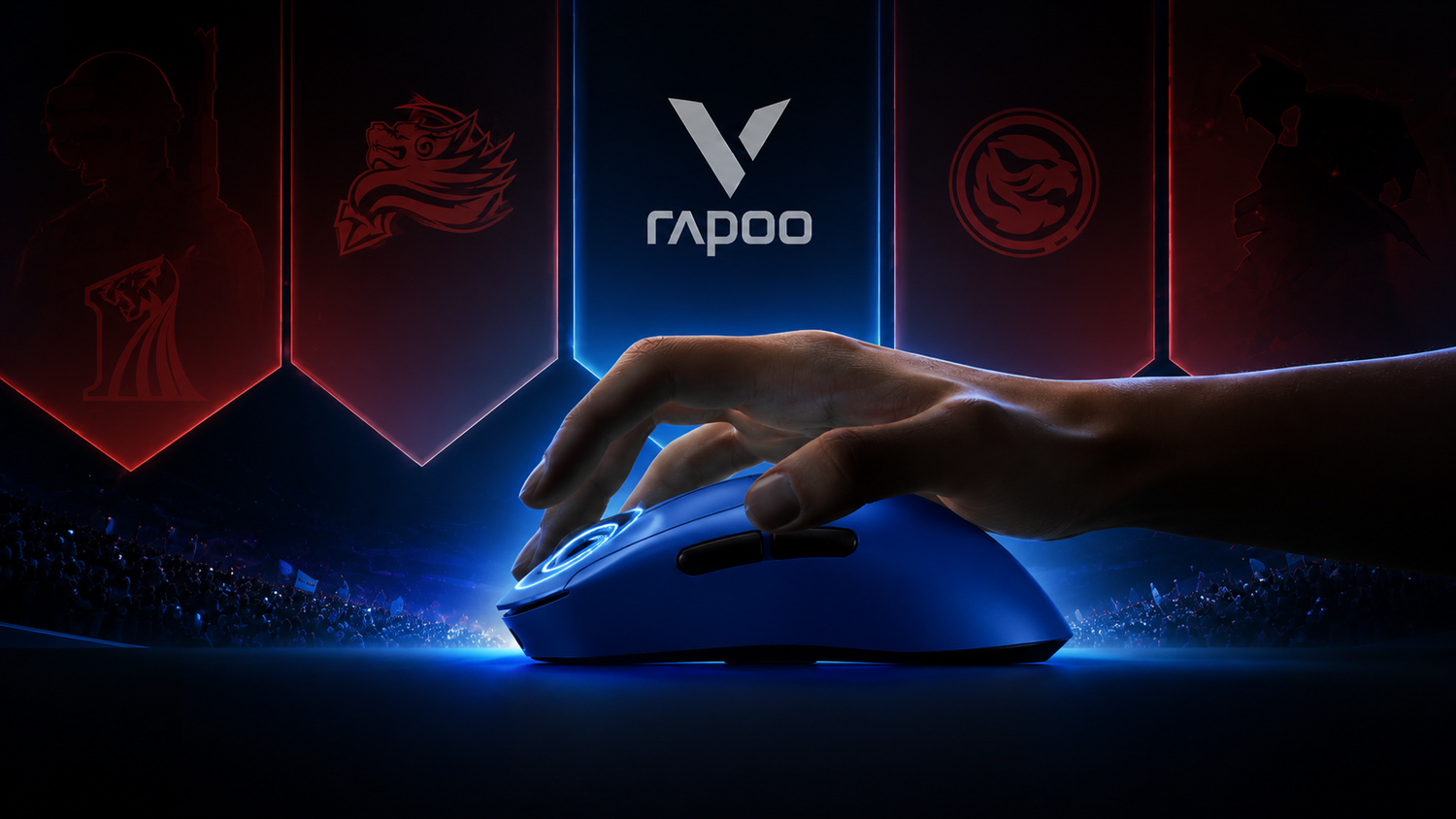 RAPOO V Series wireless esports mouse in a premium black gaming scene with red and blue lighting