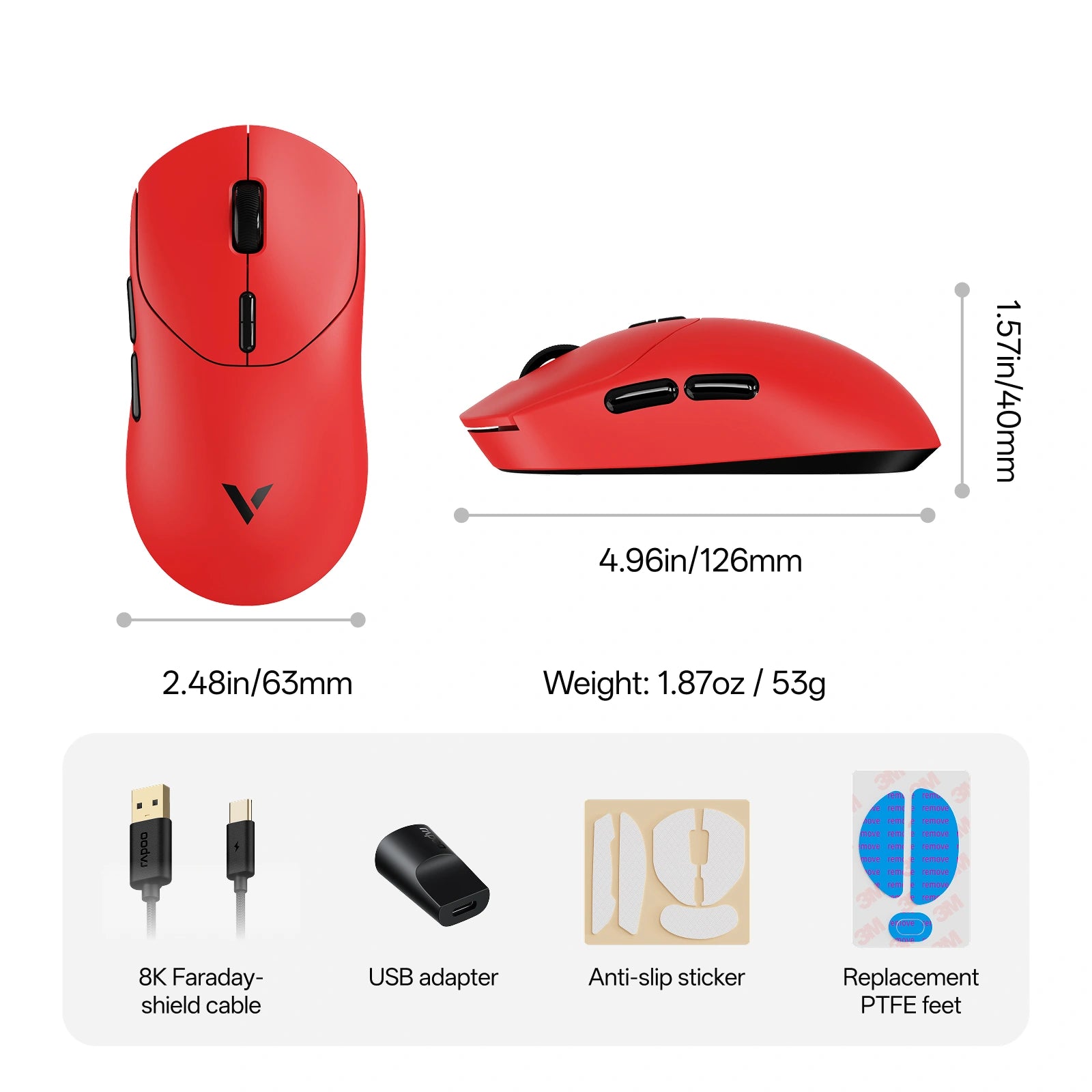 Rapoo VT2 FPS wirelss gaming mouse package and dimension