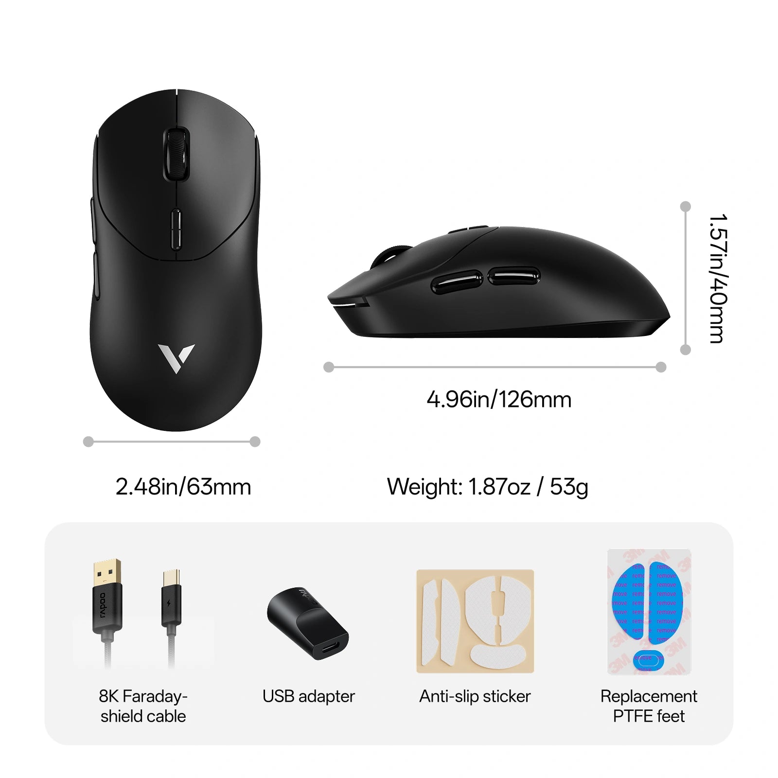 Gaming mouse with USB adapter, anti-slip sticker, and PTFE feet 