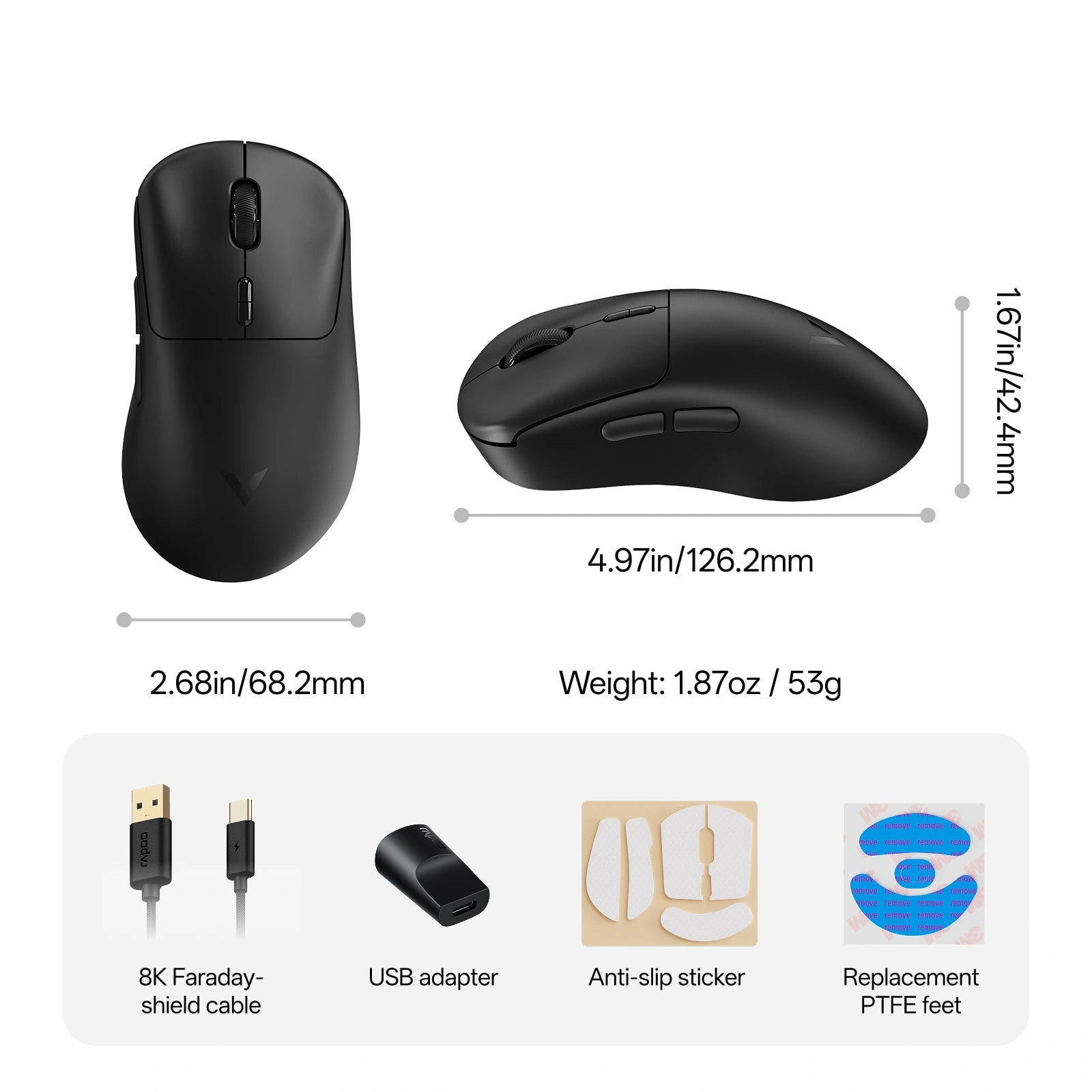 Rapoo VT3 Ergonomic Wireless Esports FPS Gaming Mouse Product size
