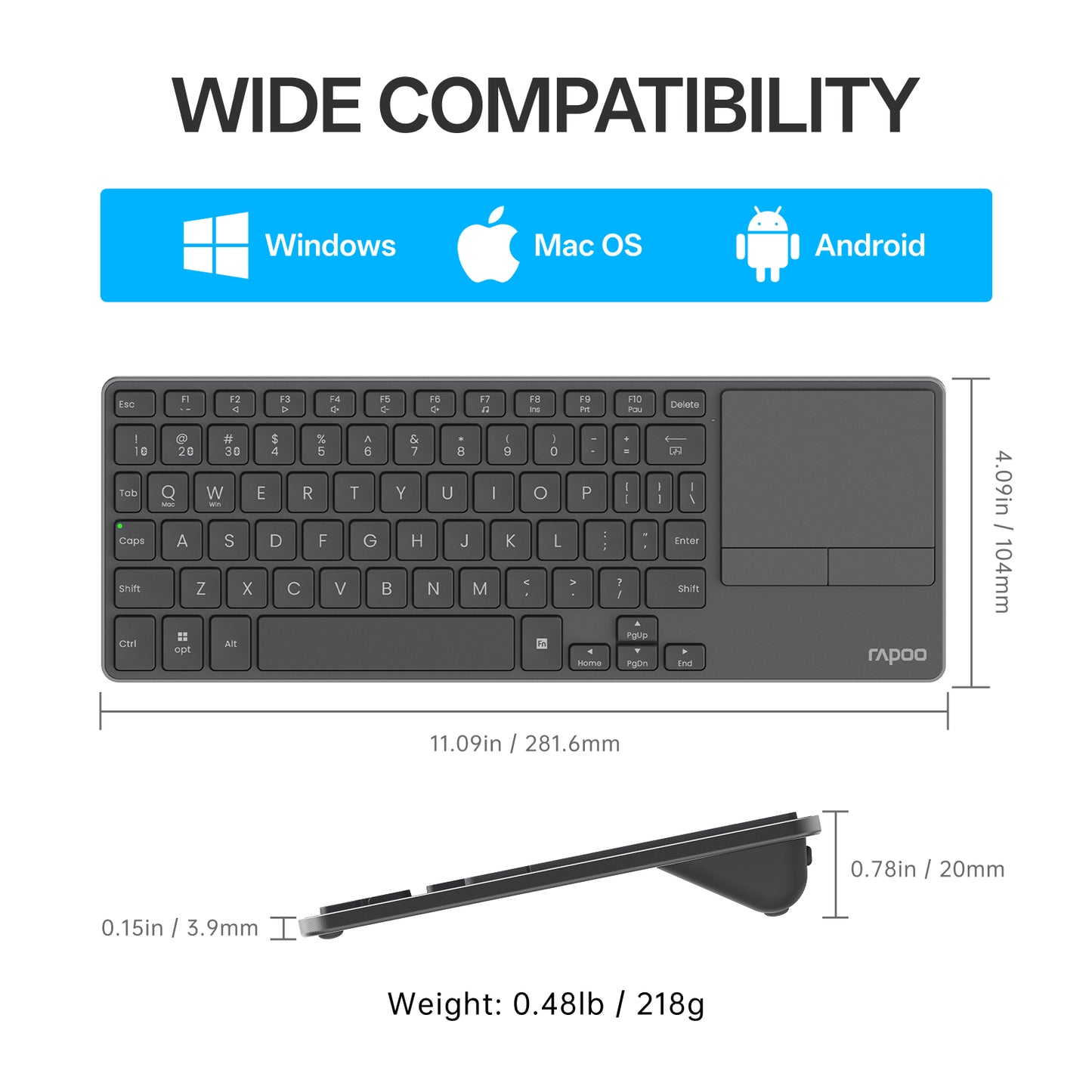 Rapoo E900T Portable Wireless Keyboard with Touchpad, Multi-Device HTPC Keyboard for PC-connected TV/Tablet/Steam Deck/Gaming Console/Raspberry Pi/Mini PC - Support Touch Gestures for Windows & Mac