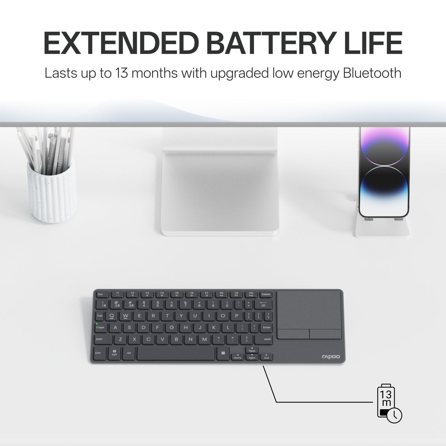 Rapoo E900T Portable Wireless Keyboard with Touchpad, Multi-Device HTPC Keyboard for PC-connected TV/Tablet/Steam Deck/Gaming Console/Raspberry Pi/Mini PC - Support Touch Gestures for Windows & Mac