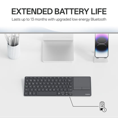 Rapoo E900T Portable Wireless Keyboard with Touchpad, Multi-Device HTPC Keyboard for PC-connected TV/Tablet/Steam Deck/Gaming Console/Raspberry Pi/Mini PC - Support Touch Gestures for Windows & Mac