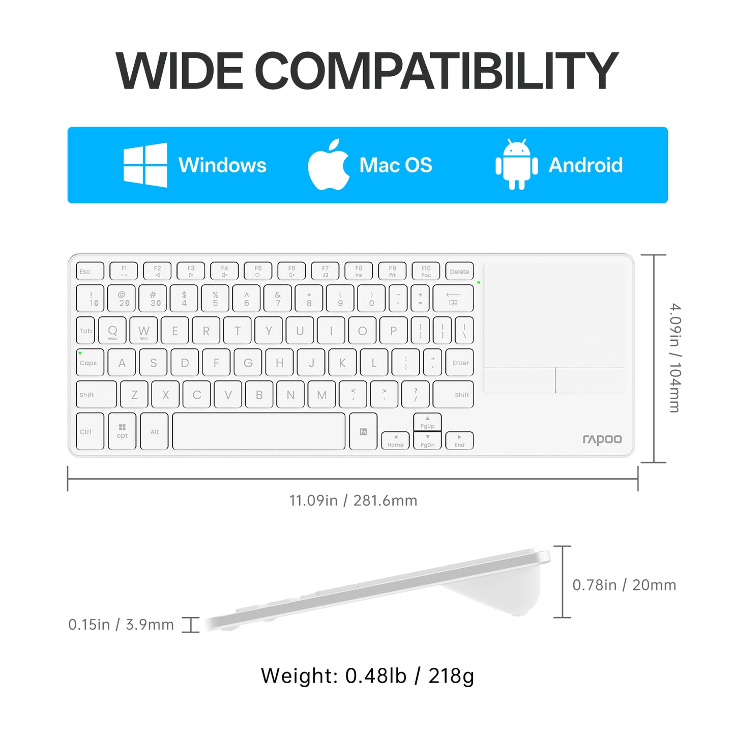 Rapoo E900T Portable Wireless Keyboard with Touchpad, Multi-Device HTPC Keyboard for PC-connected TV/Tablet/Steam Deck/Gaming Console/Raspberry Pi/Mini PC - Support Touch Gestures for Windows & Mac