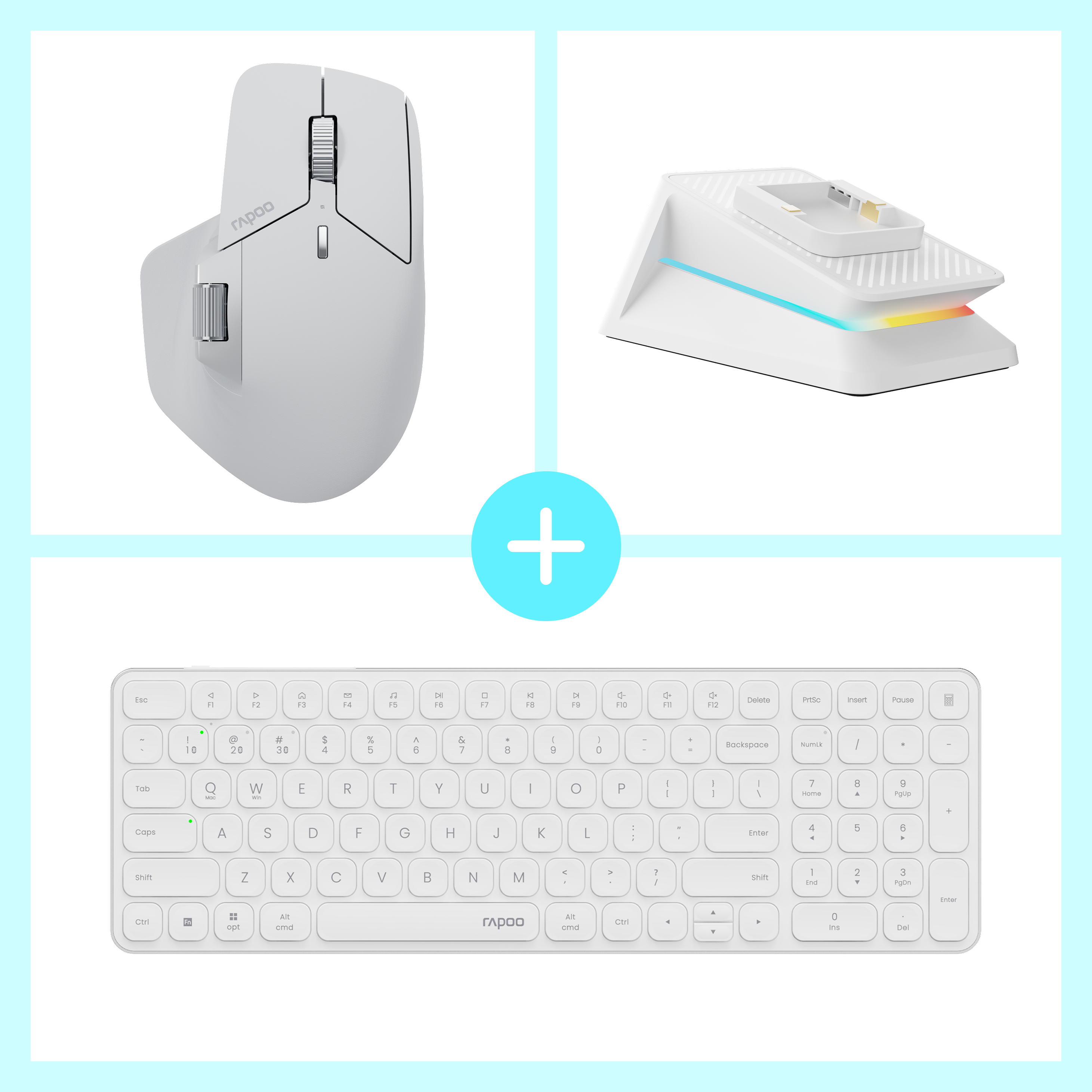 Rapoo MT760 PRO NearLink Wireless Mouse with  E9350L Multi-Device Wireless Keyboard and P5 RGB Mouse Charging Dock Bundle