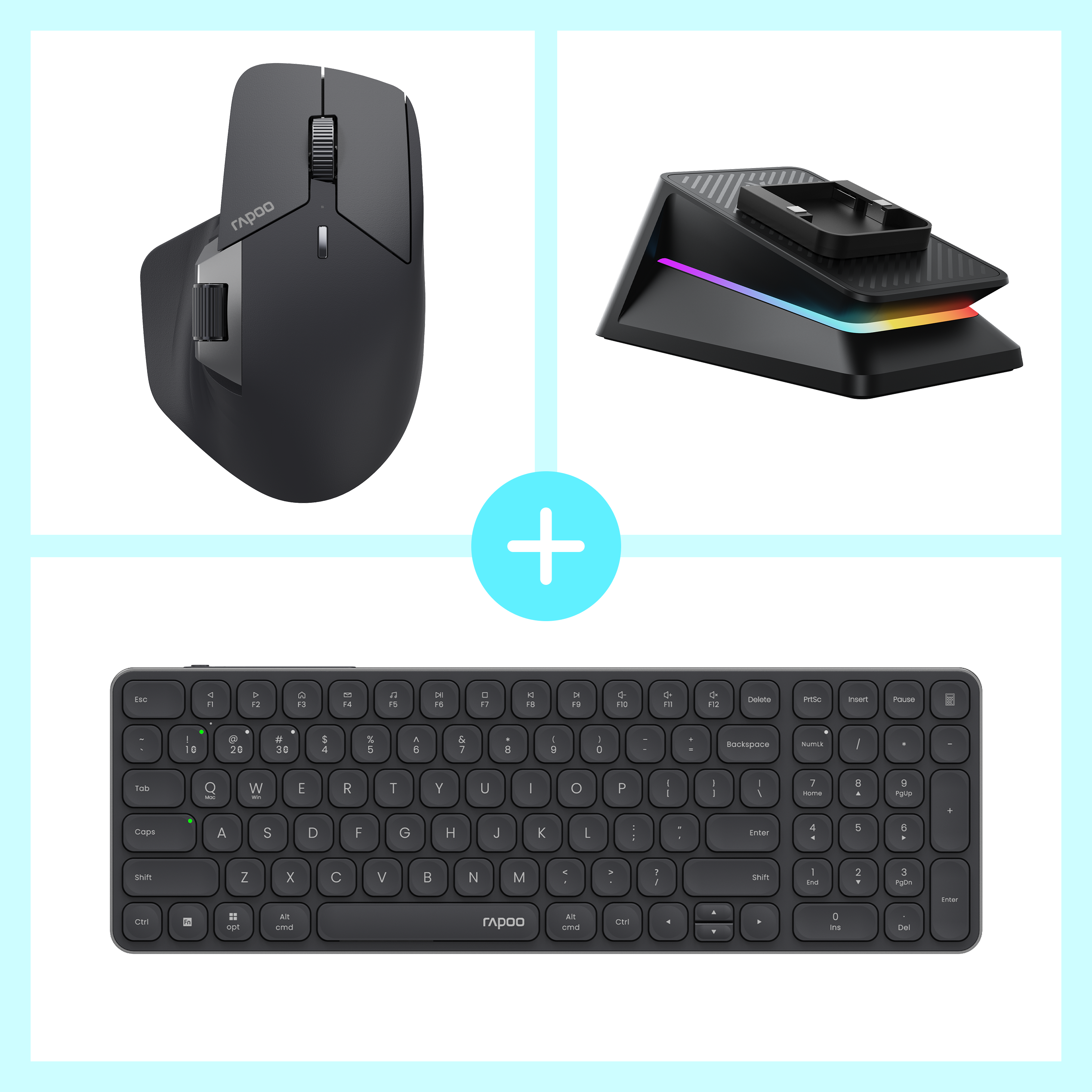 Rapoo MT760 PRO NearLink Wireless Mouse with  E9350L Multi-Device Wireless Keyboard and P5 RGB Mouse Charging Dock Bundle