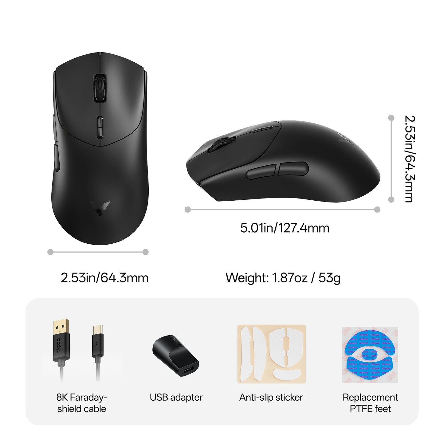 Rapoo VT7 MAX Wireless Gaming Mouse, True 8K Wireless Polling Rate, 53g Lightweight, Up to 500 Hr Battery, Nordic nRF54L15 MCU, 120-Million Optical Switch, 10 Programmable Buttons, Macro Enabled